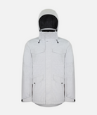 A men's insulated jacket in light gray heathered color with a hood, featuring multiple pockets on a white background.
