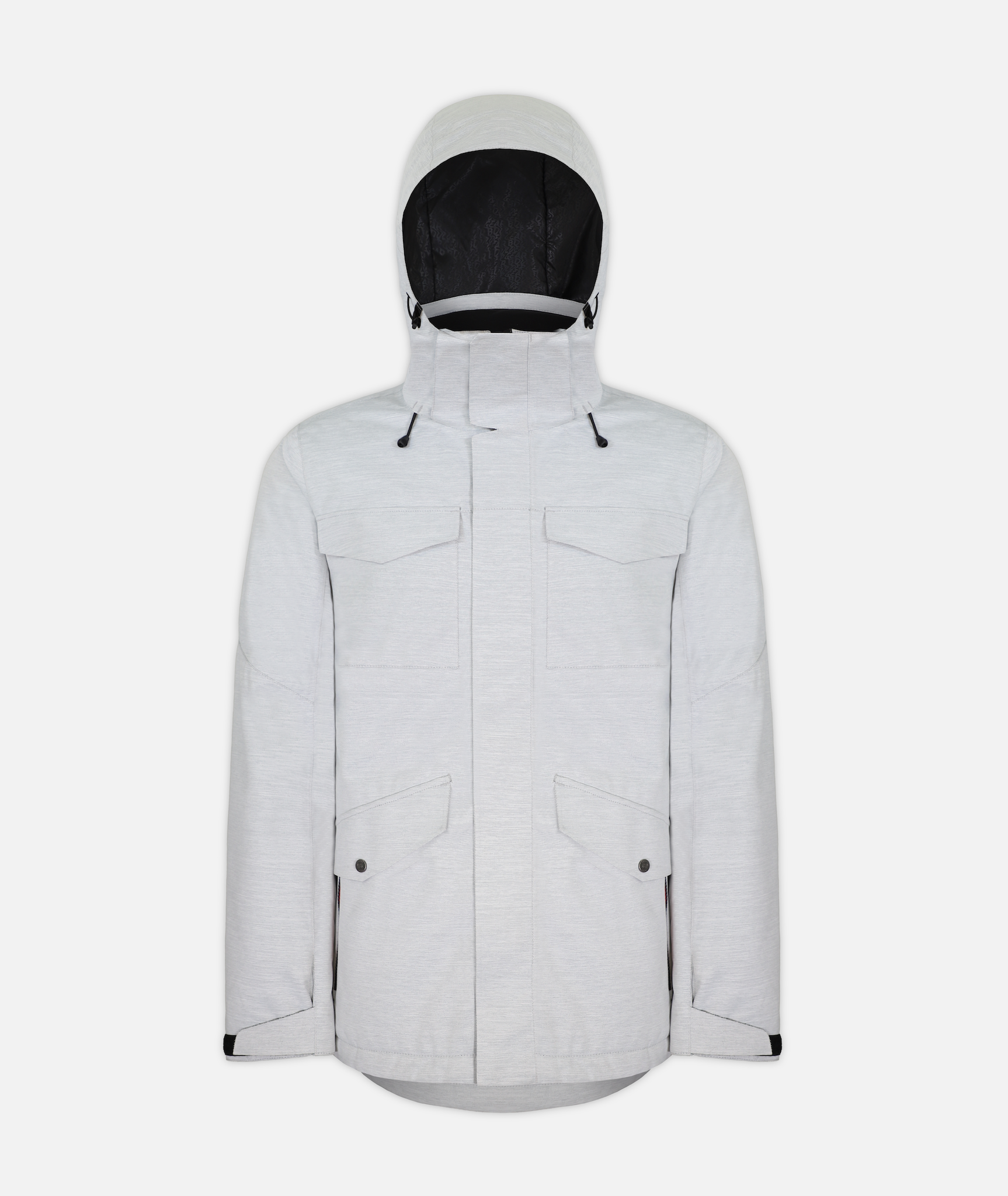 A men's insulated jacket in light gray heathered color with a hood, featuring multiple pockets on a white background.