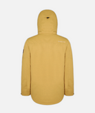 back of a men's insulated jacket in mustard yellow heathered color with a hood, featuring multiple pockets on a white background.