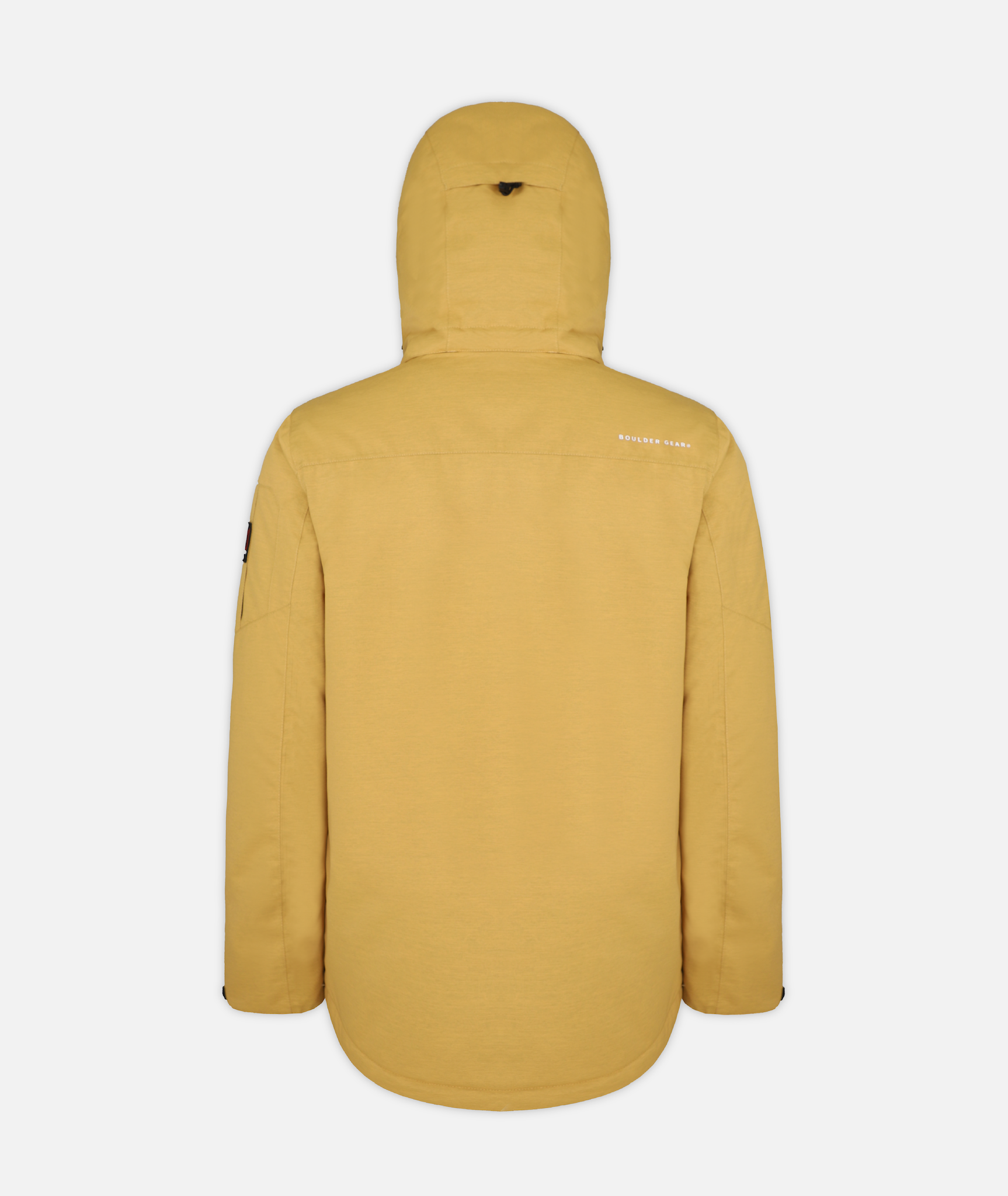 back of a men's insulated jacket in mustard yellow heathered color with a hood, featuring multiple pockets on a white background.