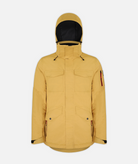 A men's insulated jacket in mustard yellow heathered color with a hood, featuring multiple pockets on a white background.