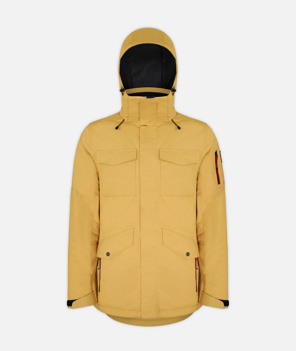 A men's insulated jacket in mustard yellow heathered color with a hood, featuring multiple pockets on a white background.