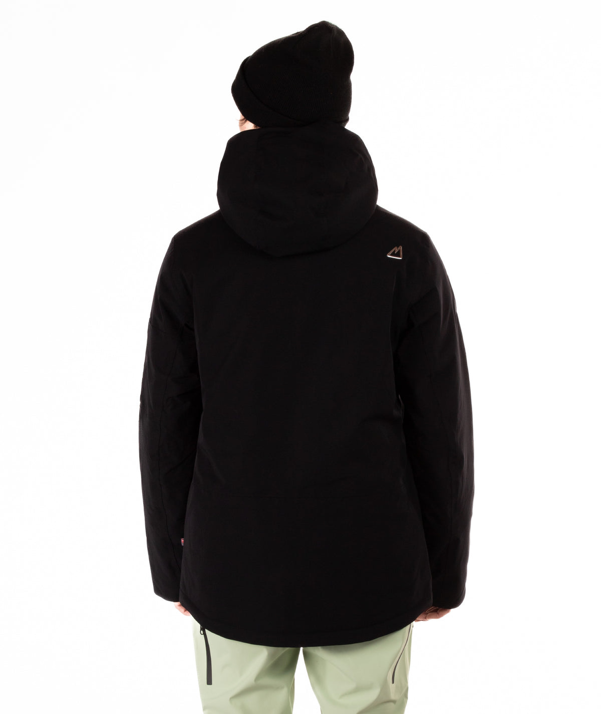back of Person wearing a black jacket, light green pants and black beanie on a white background