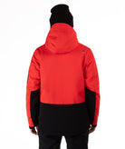 back of a person wearing a red and black jacket on a white background
