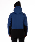 back of person wearing a blue and black jacket with a hood on a white background