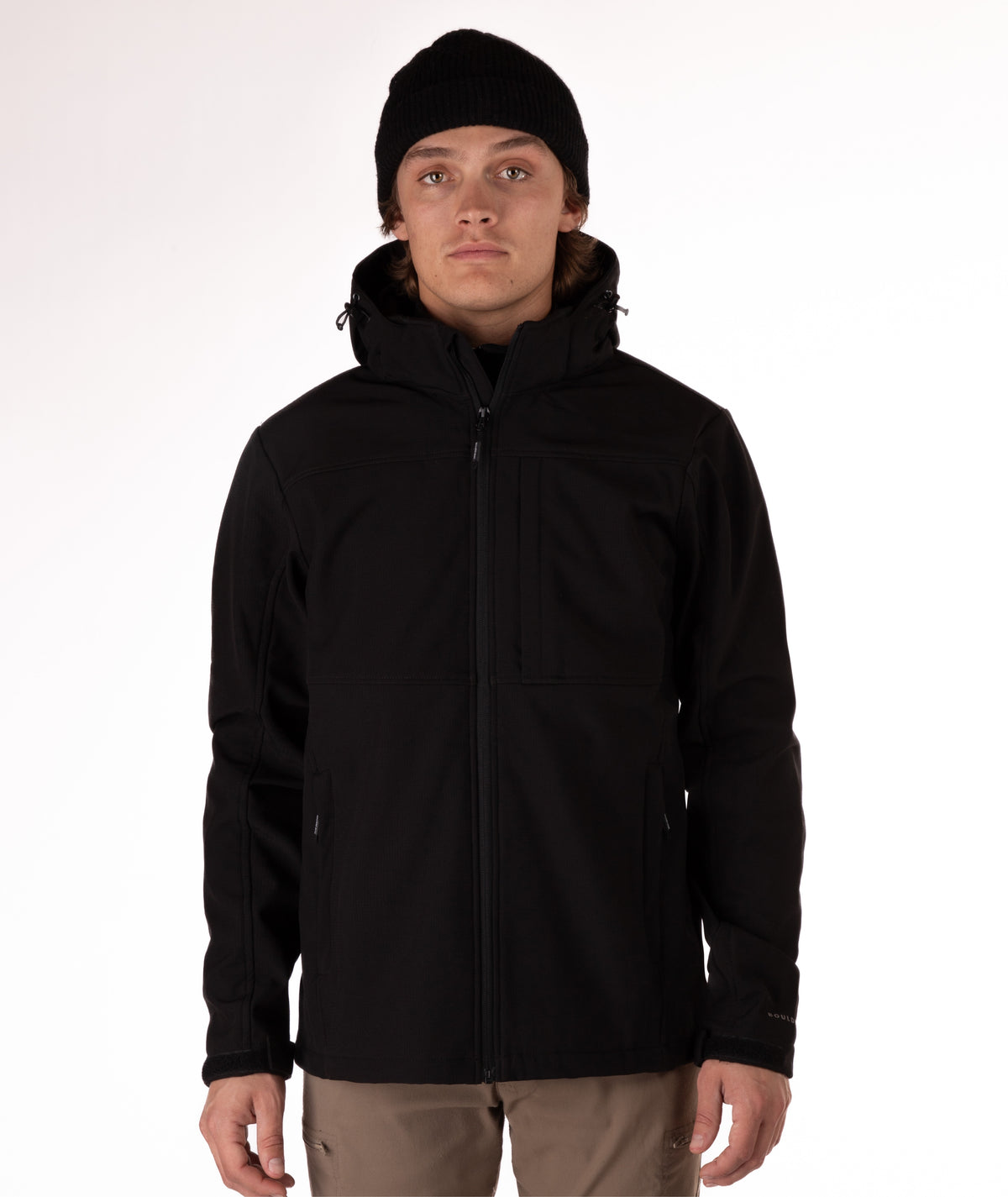 Man wearing a black jacket with a white background