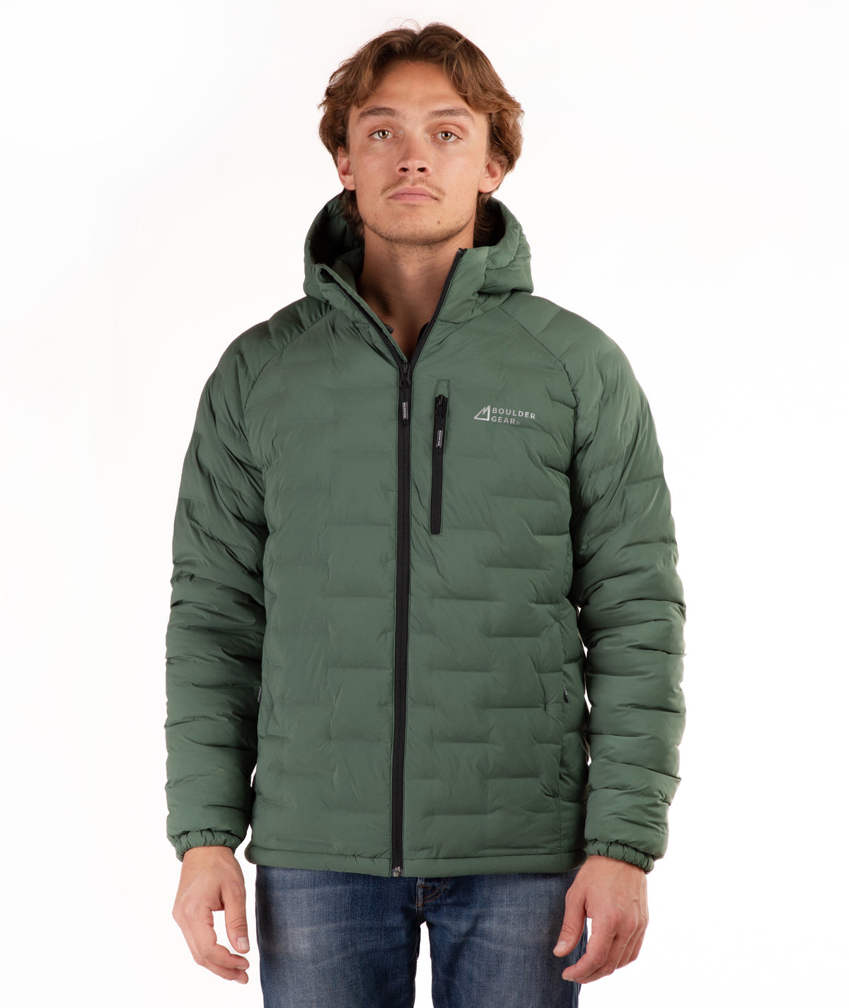 A man wearing a green hooded puffer jacket with a black front zipper and a small white logo on the left chest, paired with blue jeans, against a plain white background.