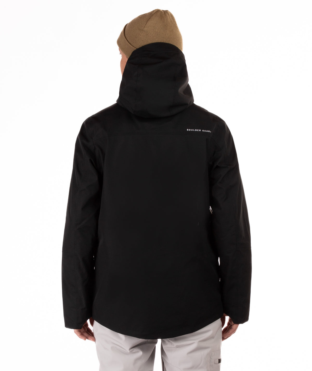 back of a Person wearing a black jacket with black accents on a white background