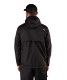 back of a Man wearing a black raincoat and cap on a white background
