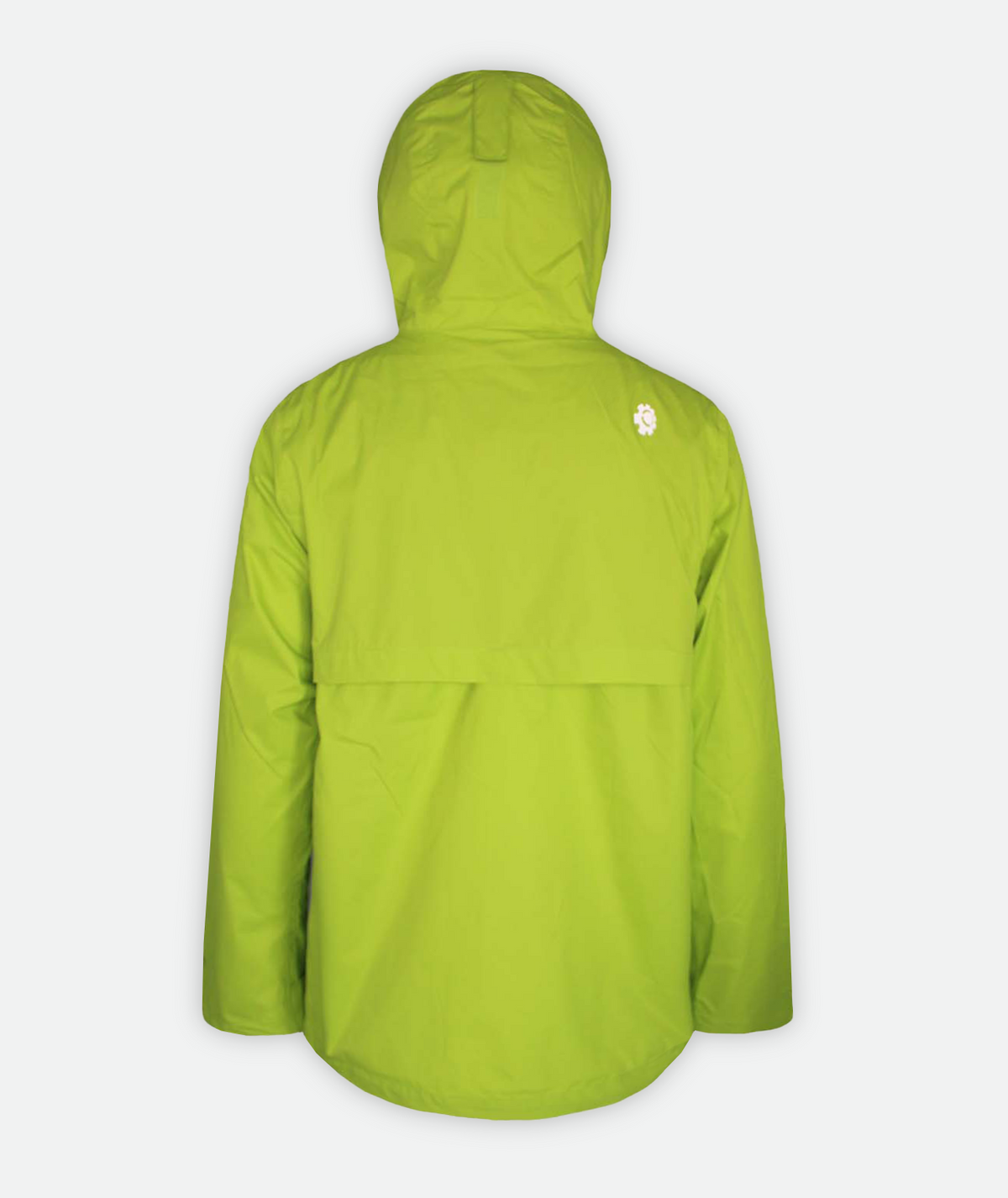 back of a lime green jacket with hood on a white background