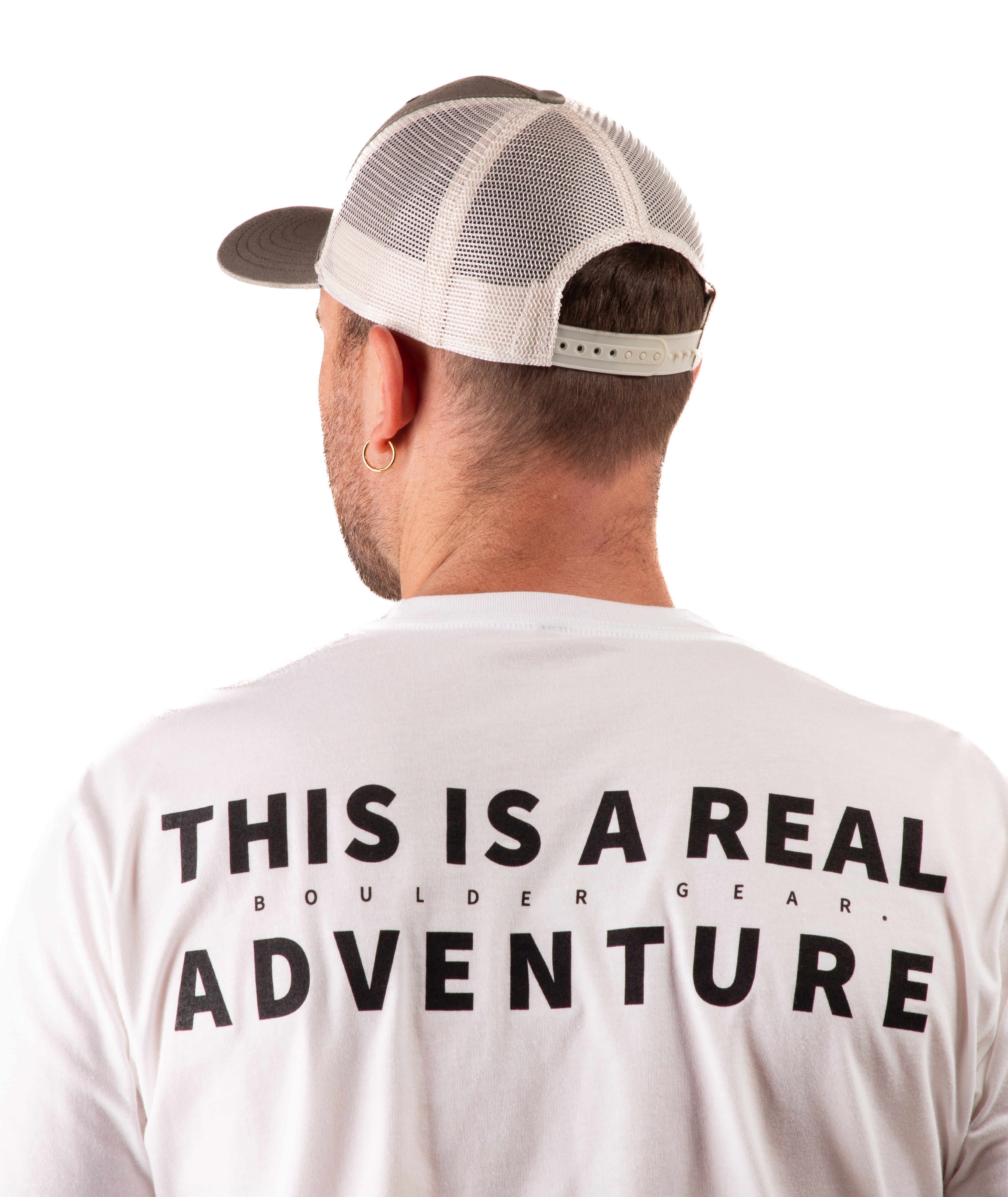 back of a Man wearing a green cap and white t-shirt with text on a white background