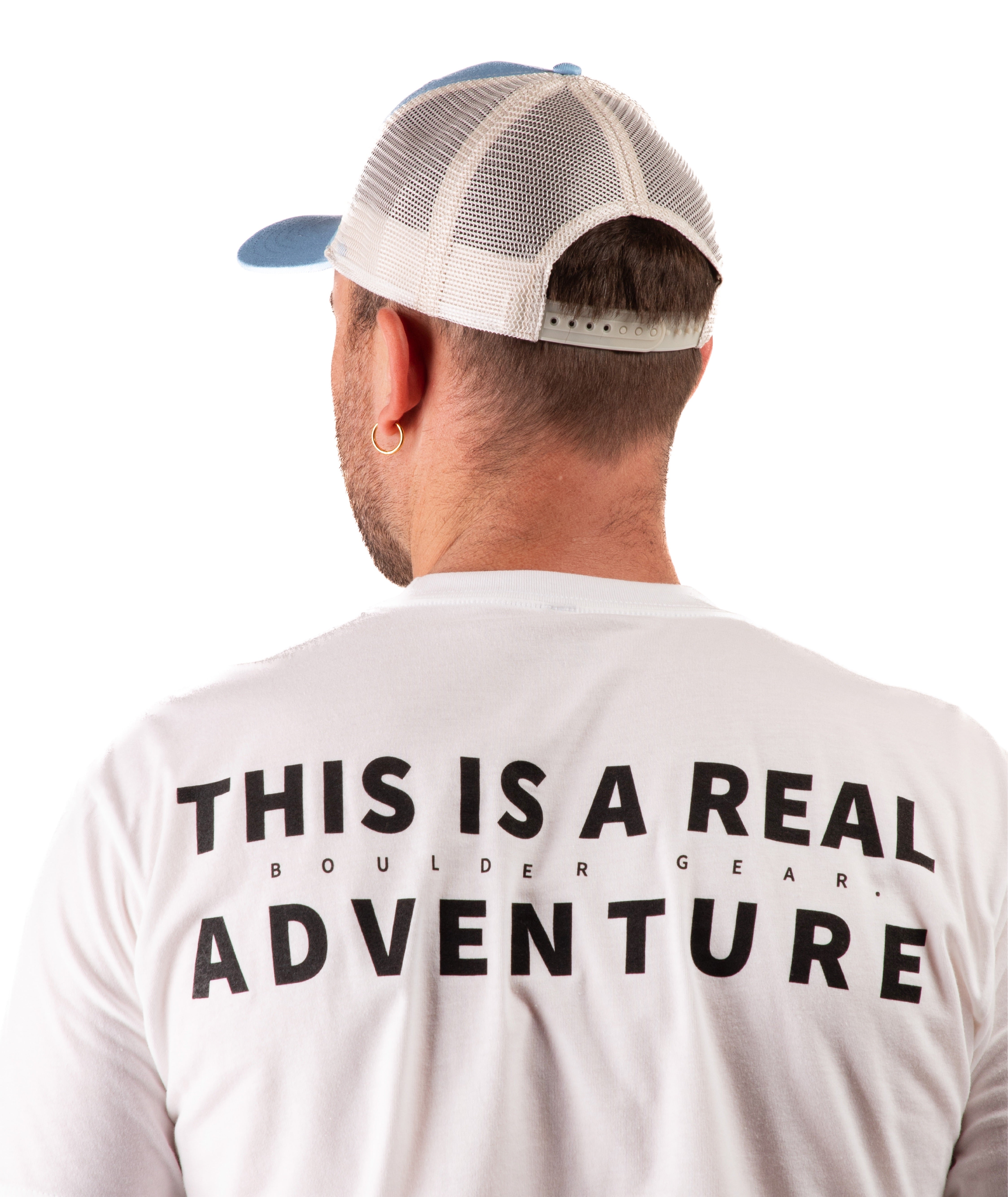 back of Man wearing a blue cap and white t-shirt with text on a white background