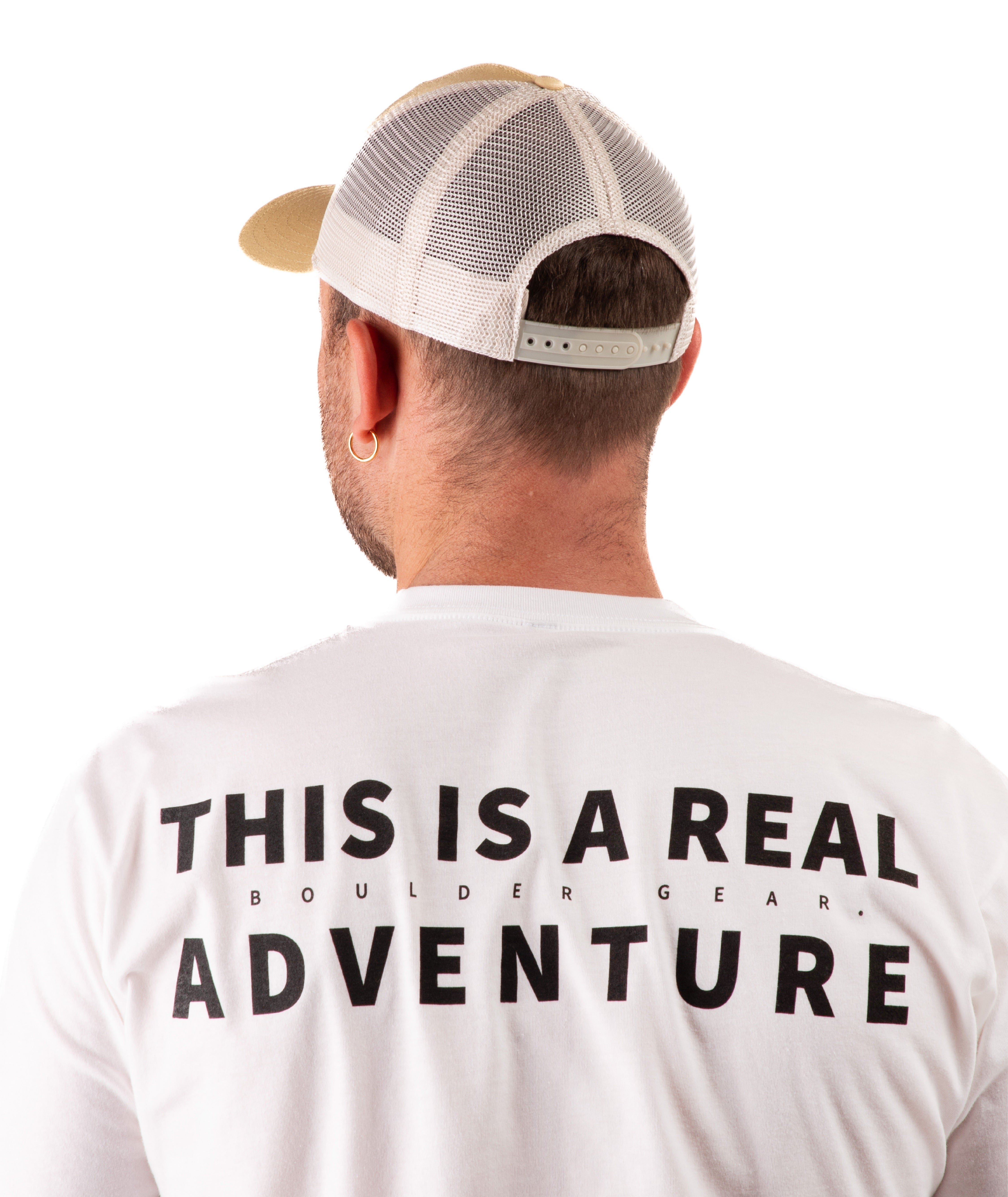 back of a Man wearing a yellow cap and white t-shirt with text on a white background