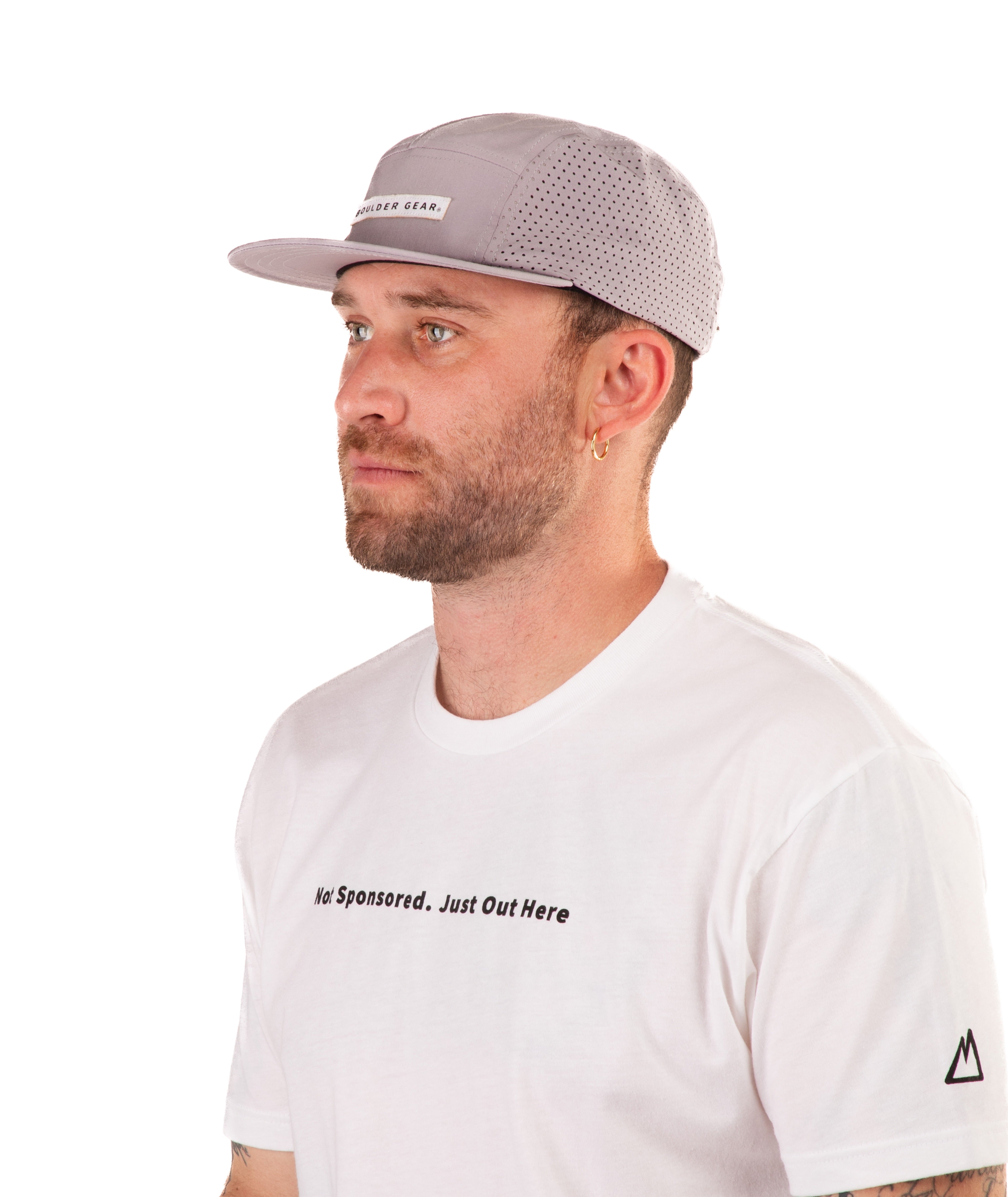 Man wearing a white t-shirt with text and a gray cap on a white background