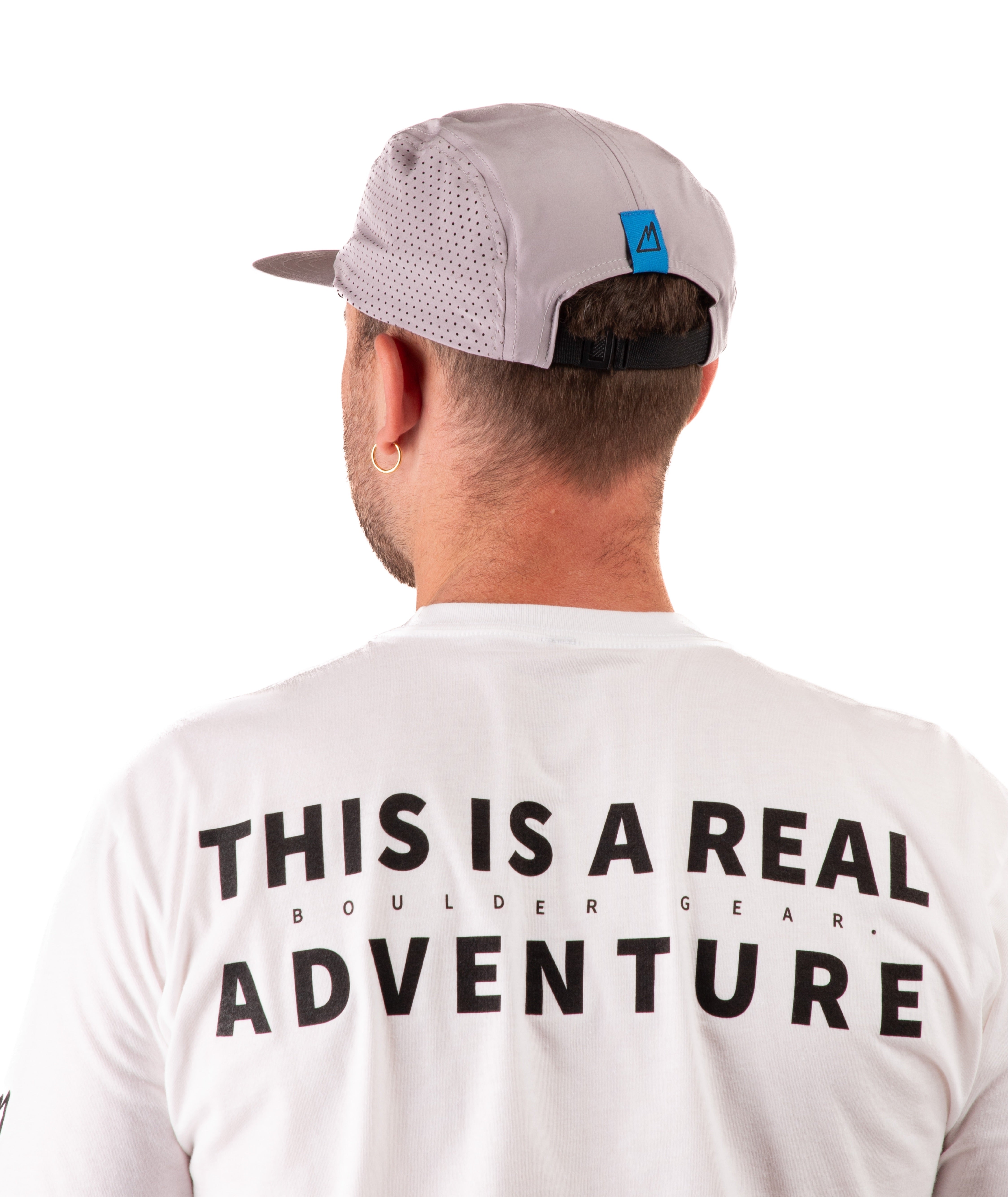 back of a Man wearing a white t-shirt with text and a gray cap on a white background