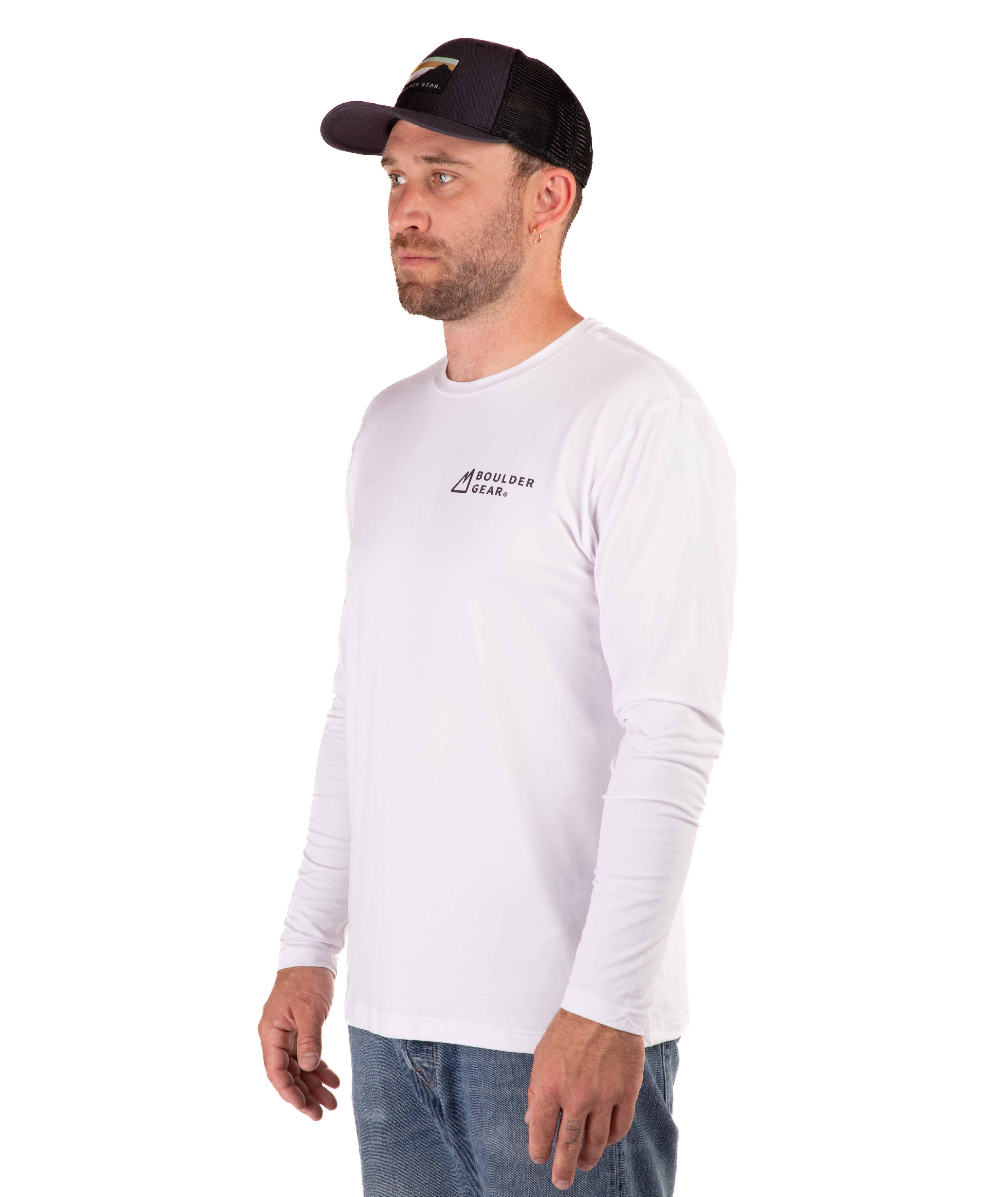 Man wearing a white long-sleeve shirt with a logo on a white background