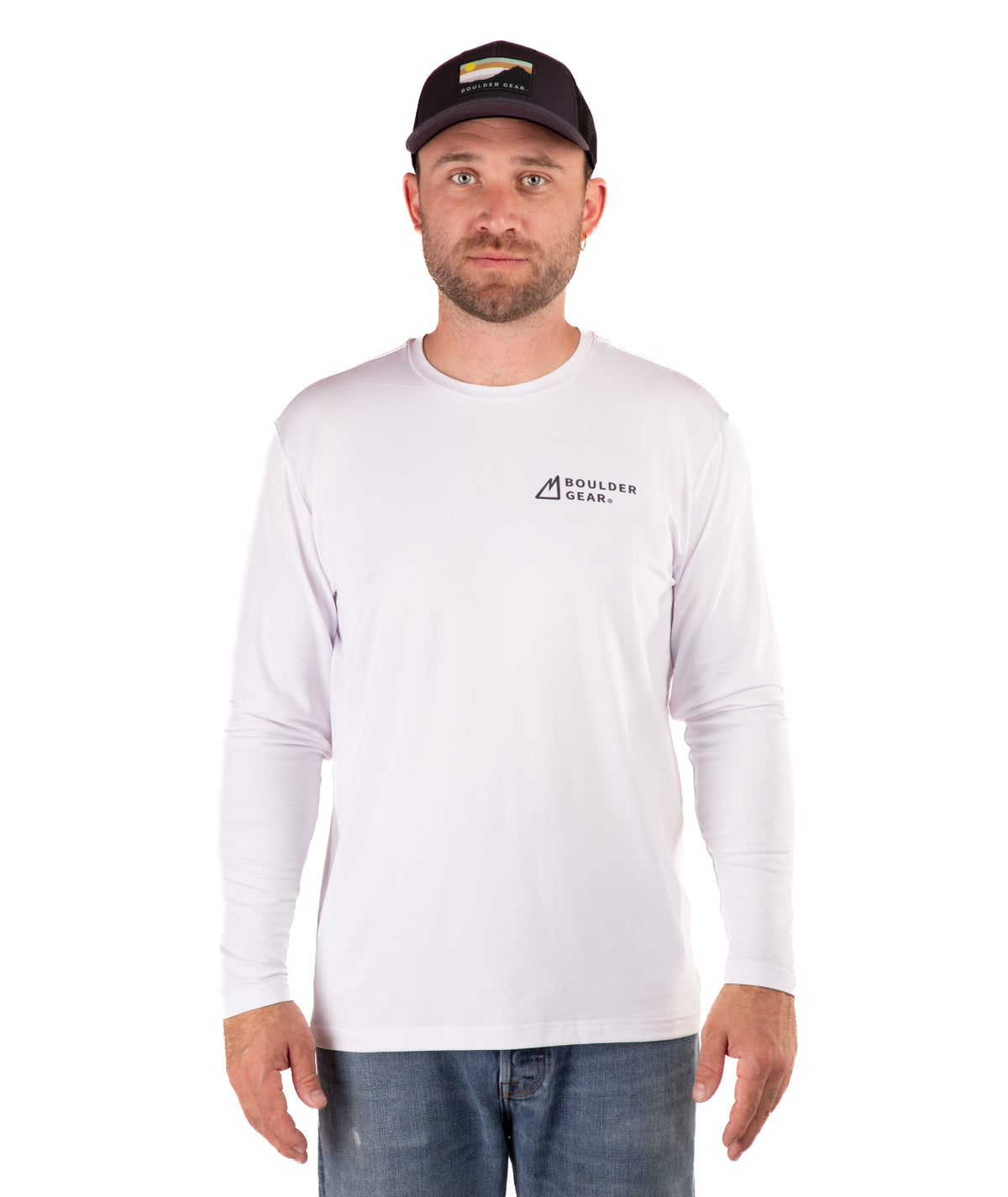 Man wearing a white long-sleeve shirt with a logo on a white background