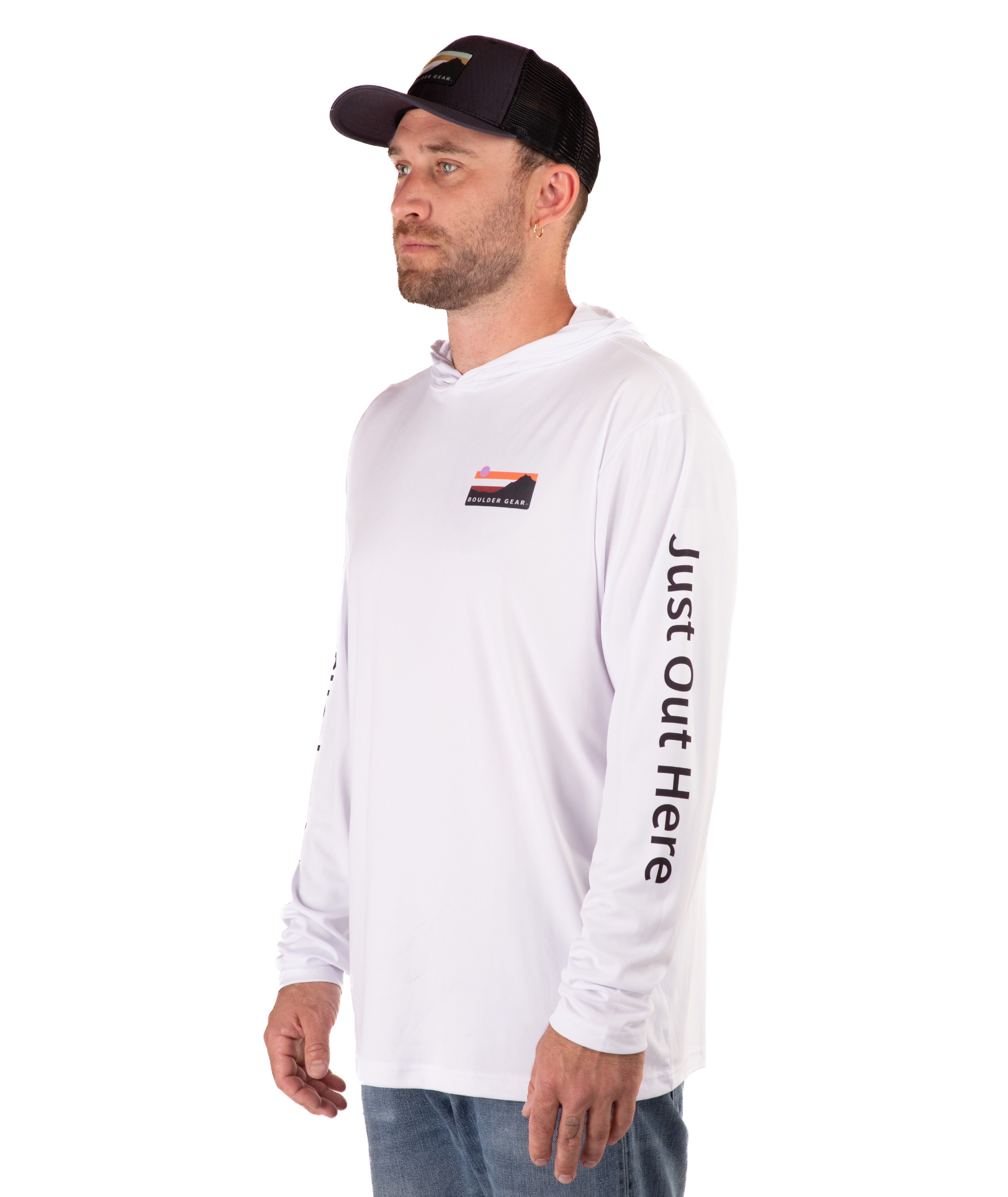 Man wearing a white long-sleeve hooded shirt with branding on a white background