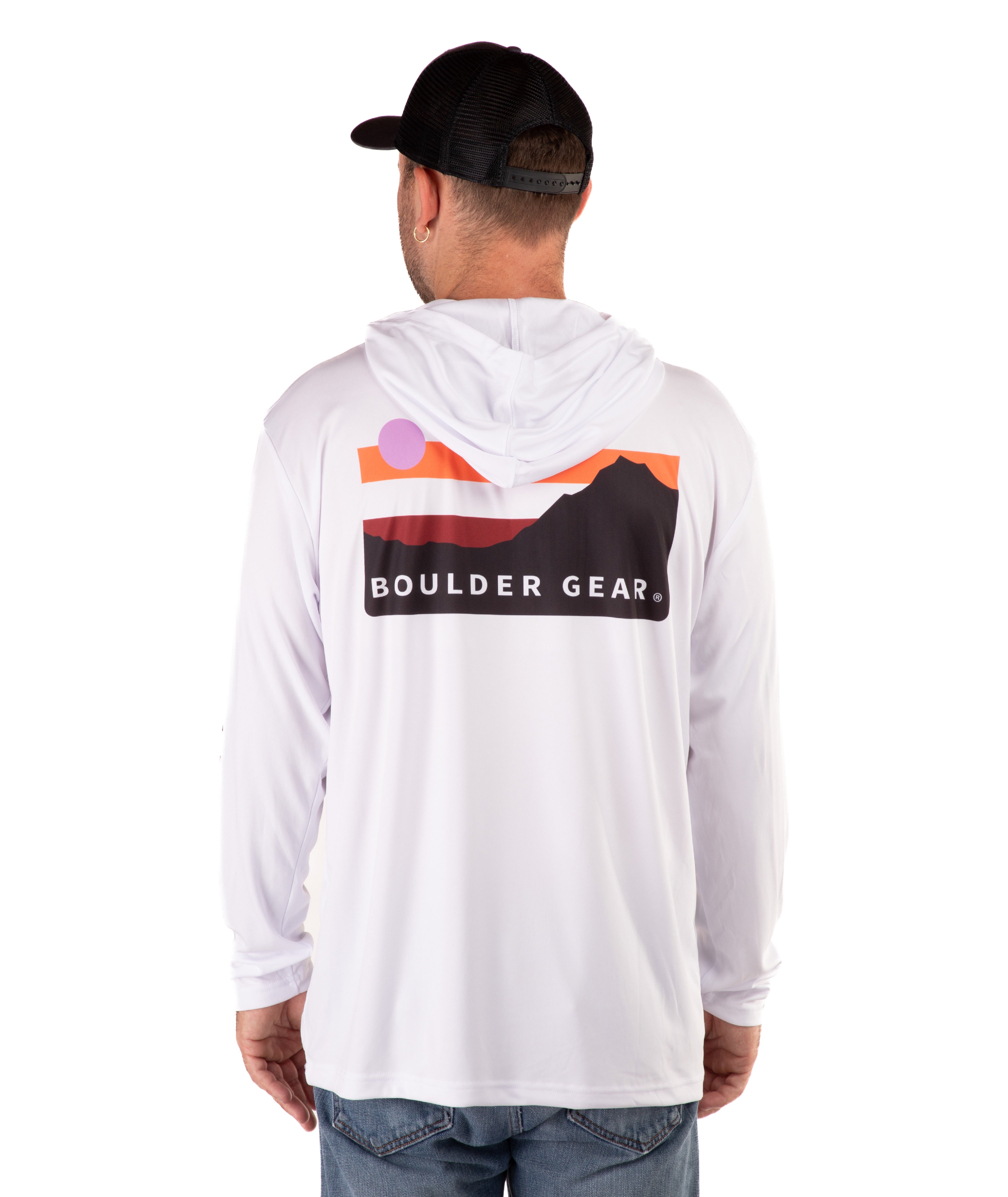 back of a Man wearing a white long-sleeve hooded shirt with branding on a white background
