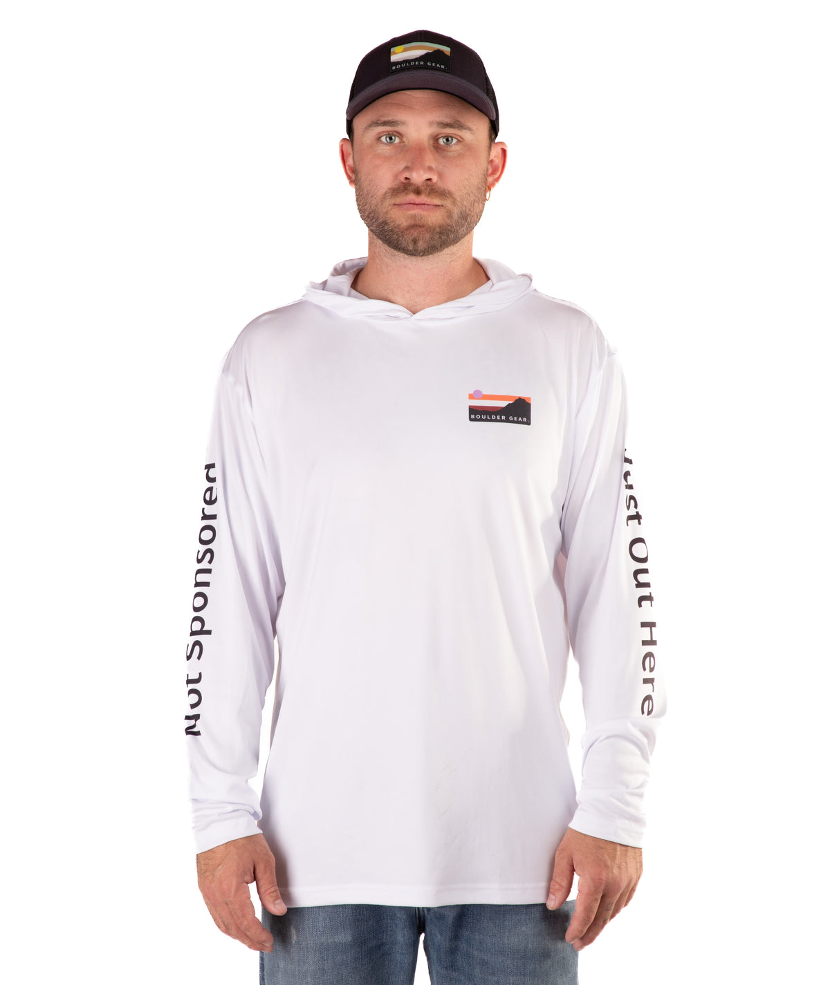 Man wearing a white long-sleeve hooded shirt with branding on a white background