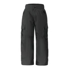 kids sized snow pants in black with cargo pocket on a white background