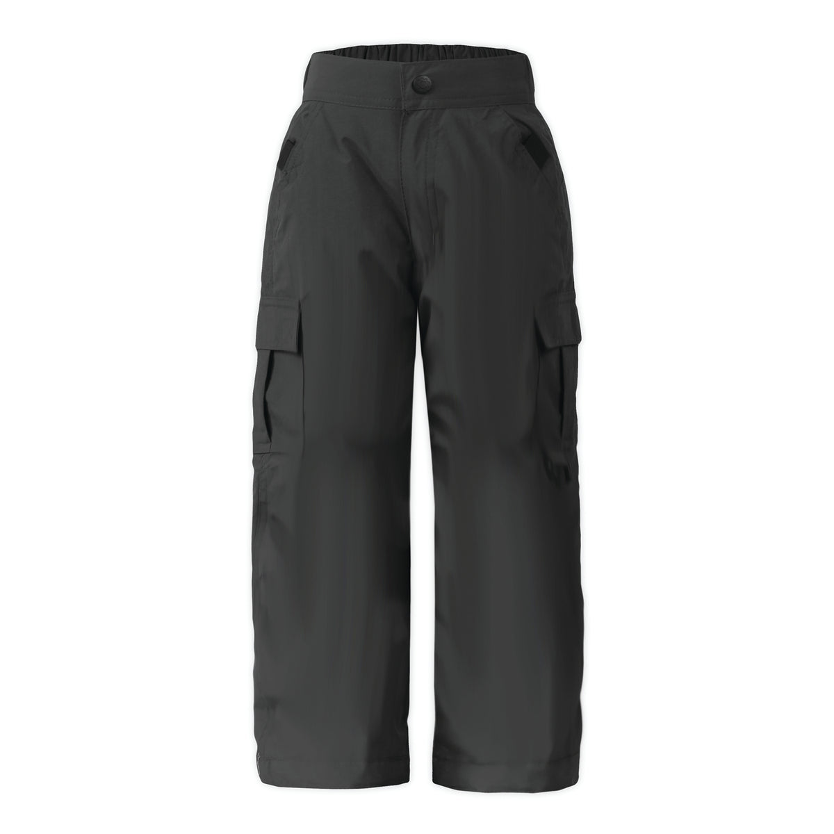 kids sized snow pants in black with cargo pocket on a white background