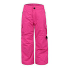 kids sized snow pants in pink with cargo pocket on a white background