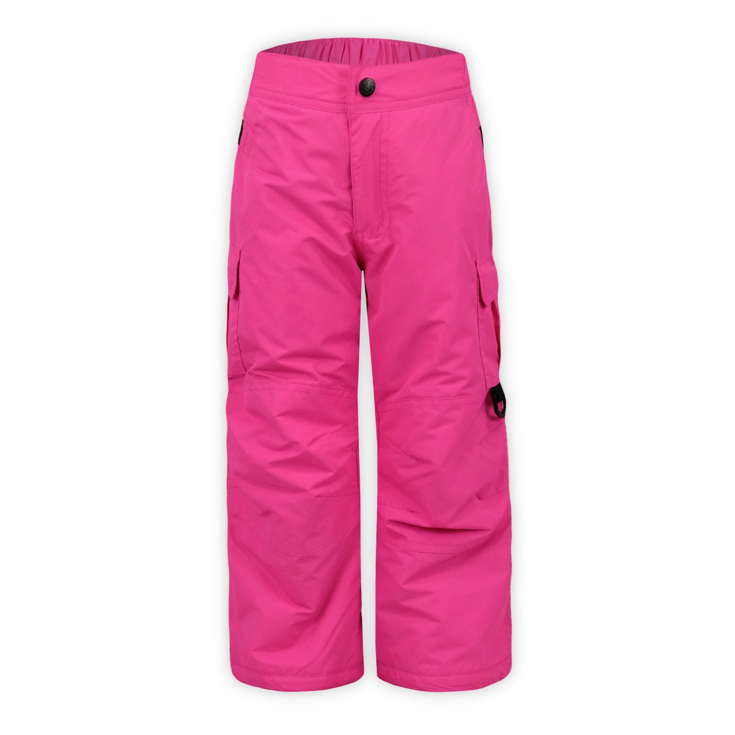 kids sized snow pants in pink with cargo pocket on a white background