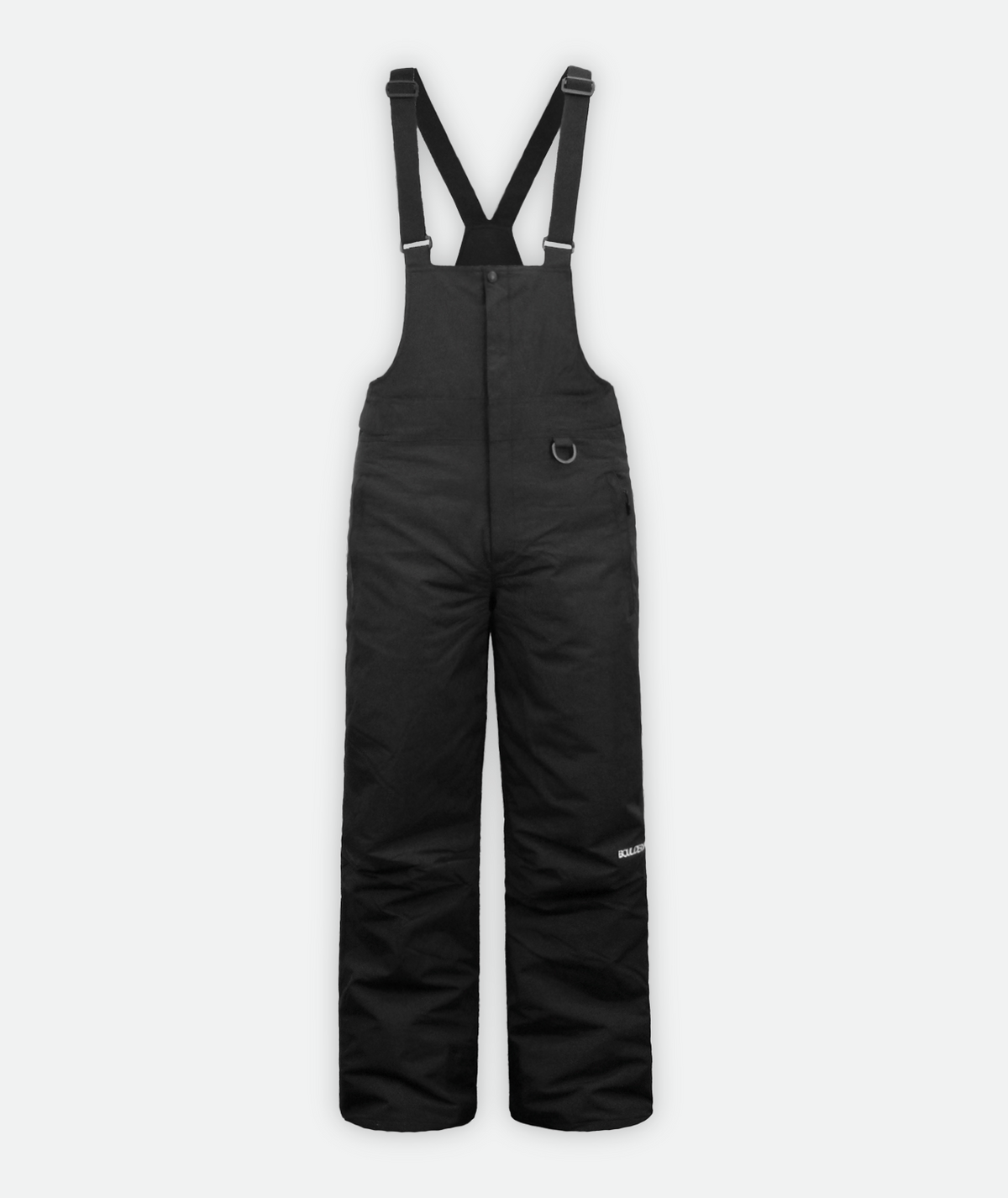 A pair of men's black ski bib overalls with adjustable shoulder straps, a front zipper, and additional leg cuffs.