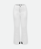 A pair of white, slim-fit women's ski pants on a white background.