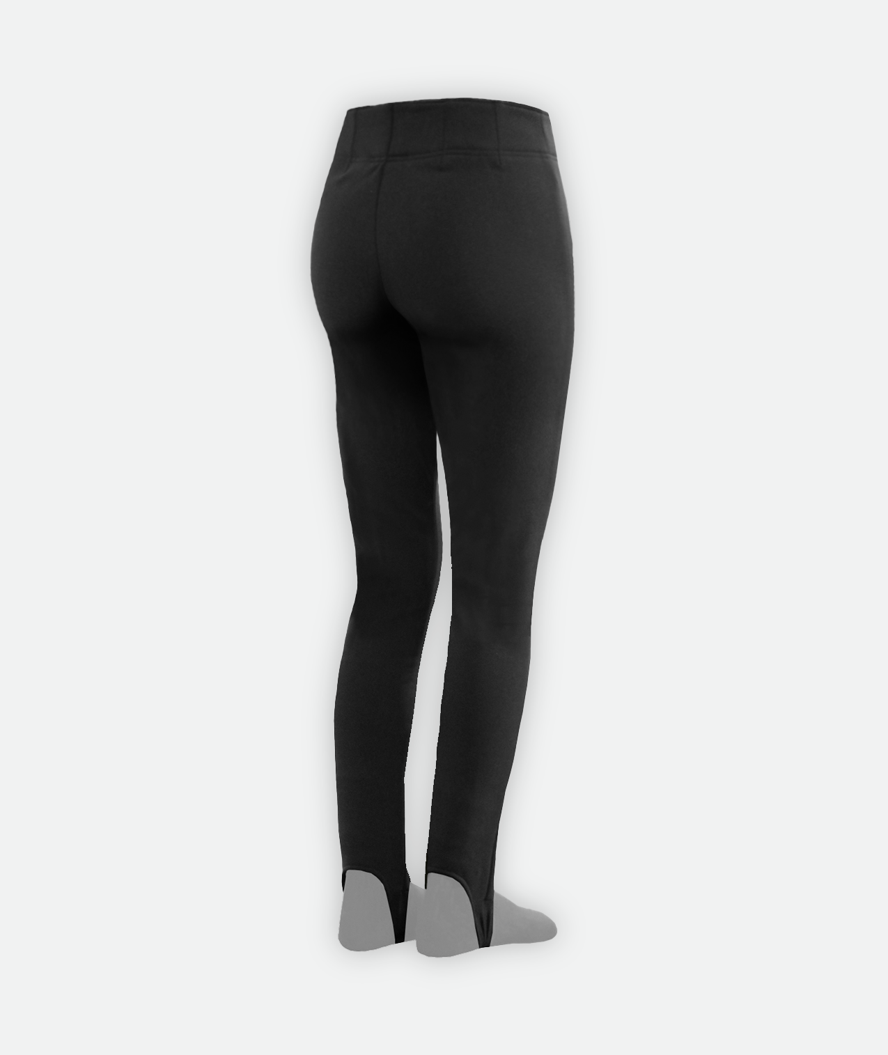 Back of pair of black soft-shell ski pants with leg stirrup on a white background.