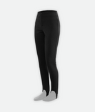 A pair of black soft-shell ski pants with leg stirrup on a white background.