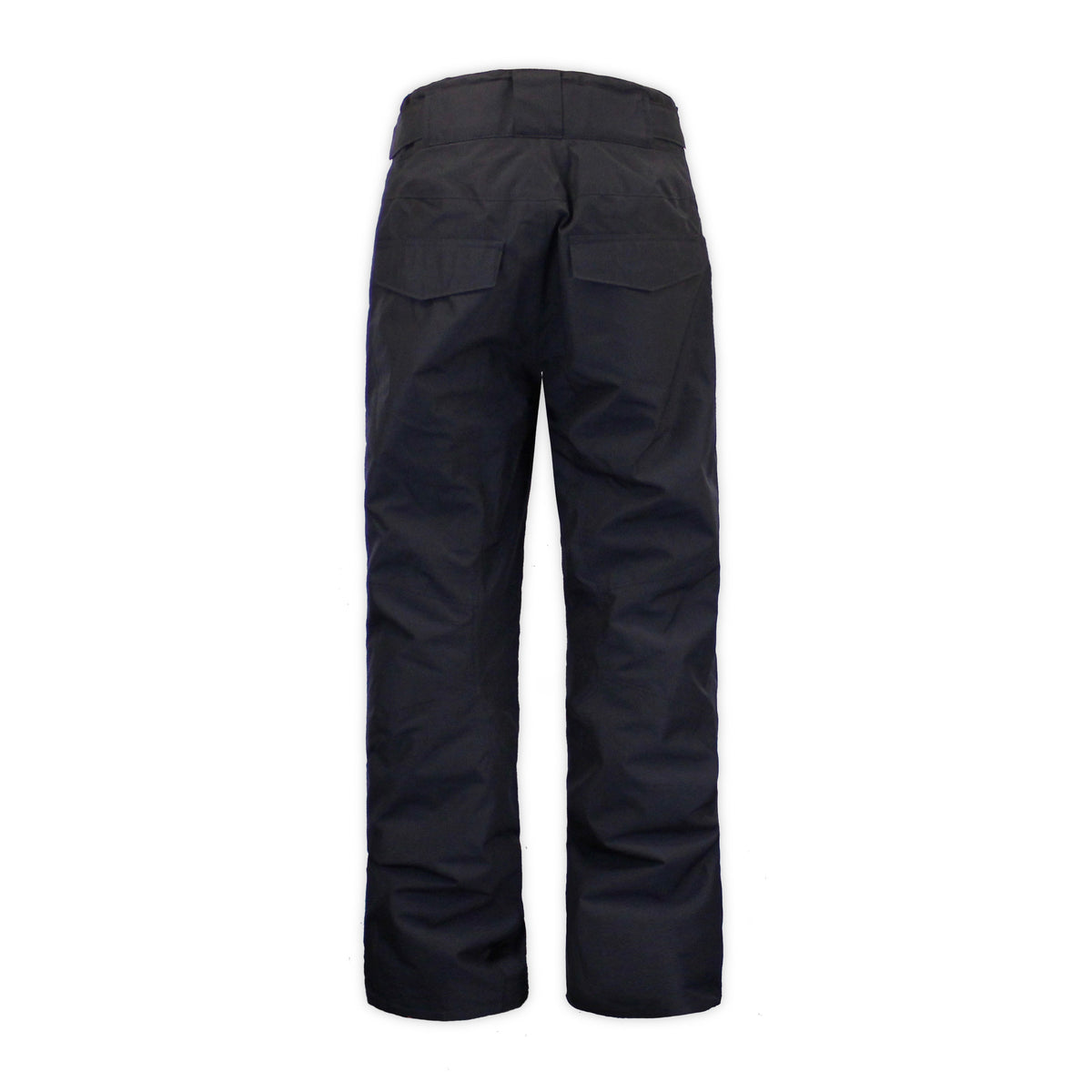 back of a pair of black snow pants on a white background