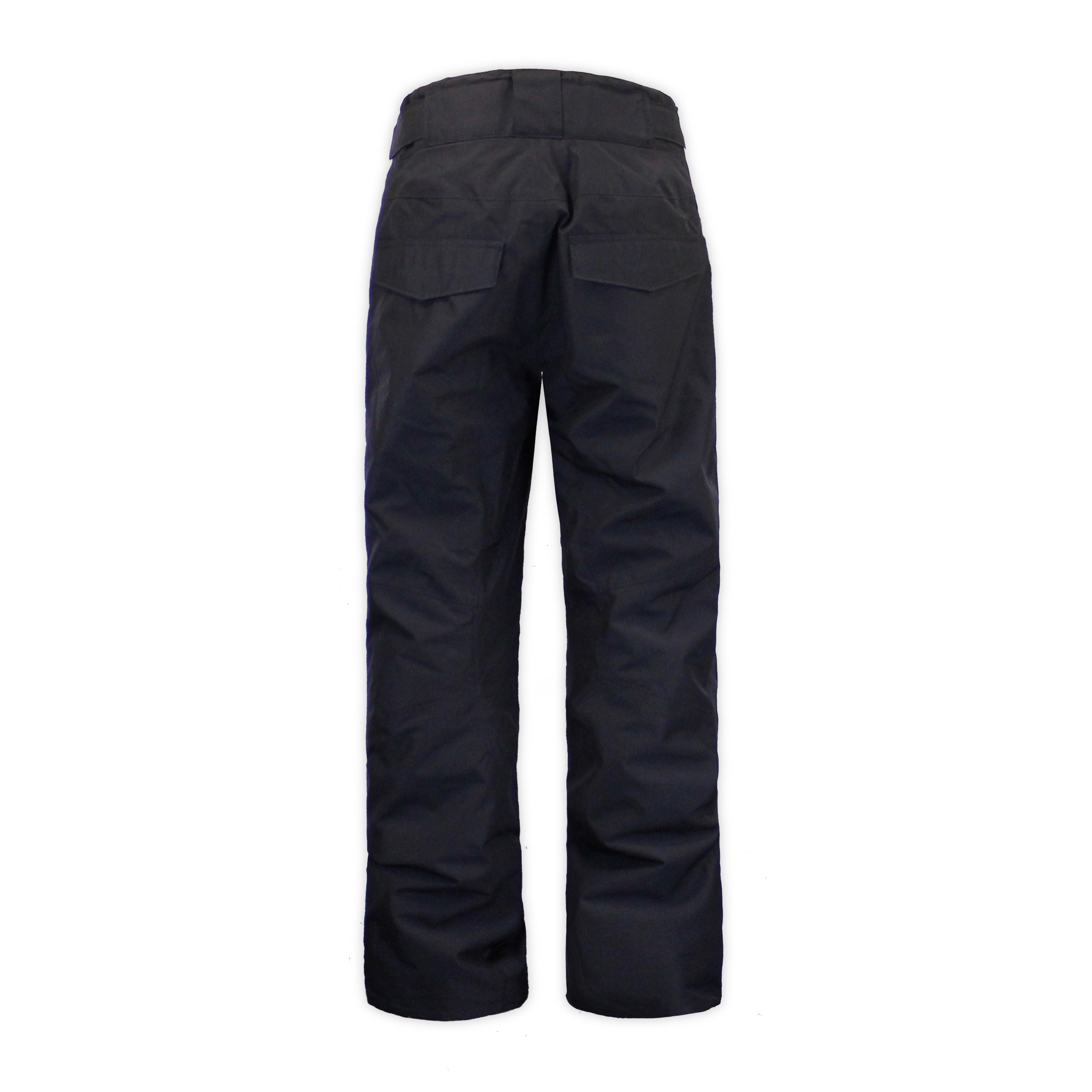 back of a pair of black snow pants on a white background
