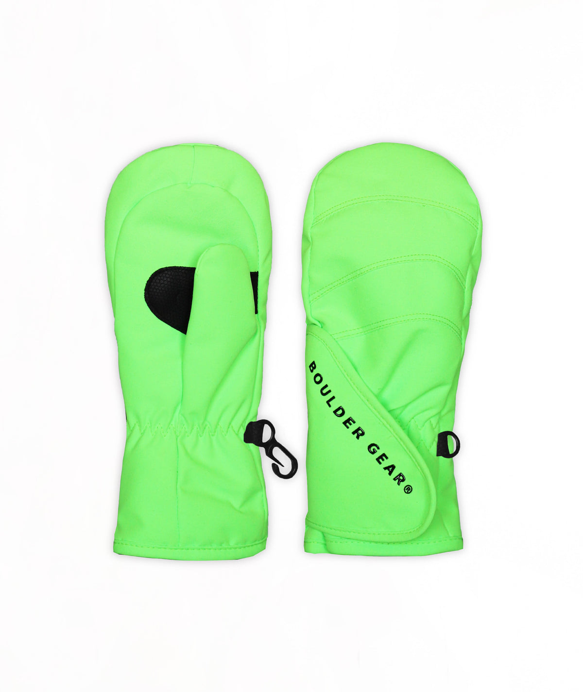 A pair of winter mittens in a neon green, shown against a plain white background.
