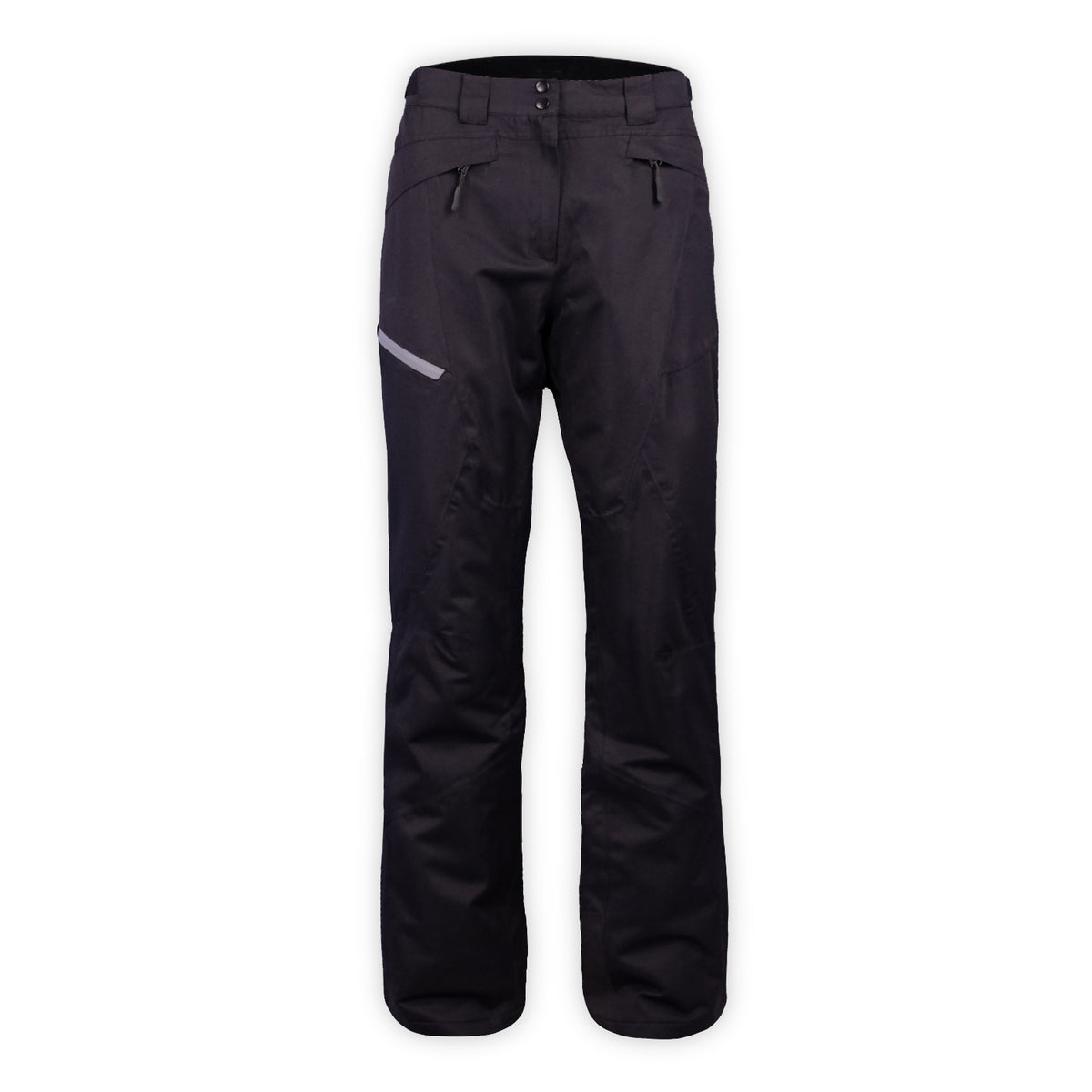 a pair of black snow pants with gray leg zipper on a white background