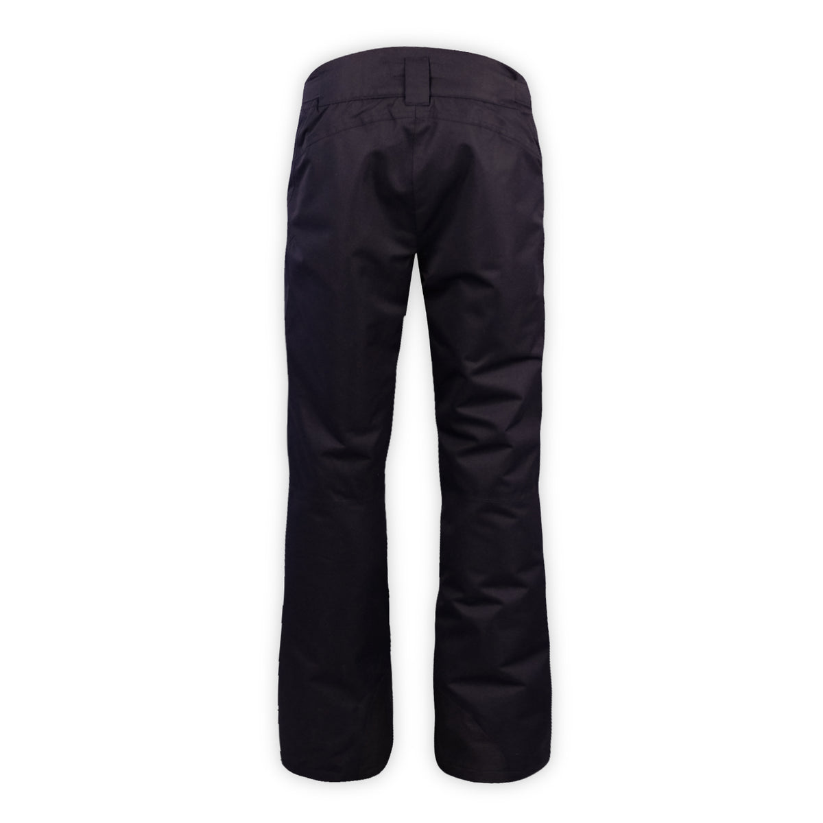back of a pair of black snow pants on a white background