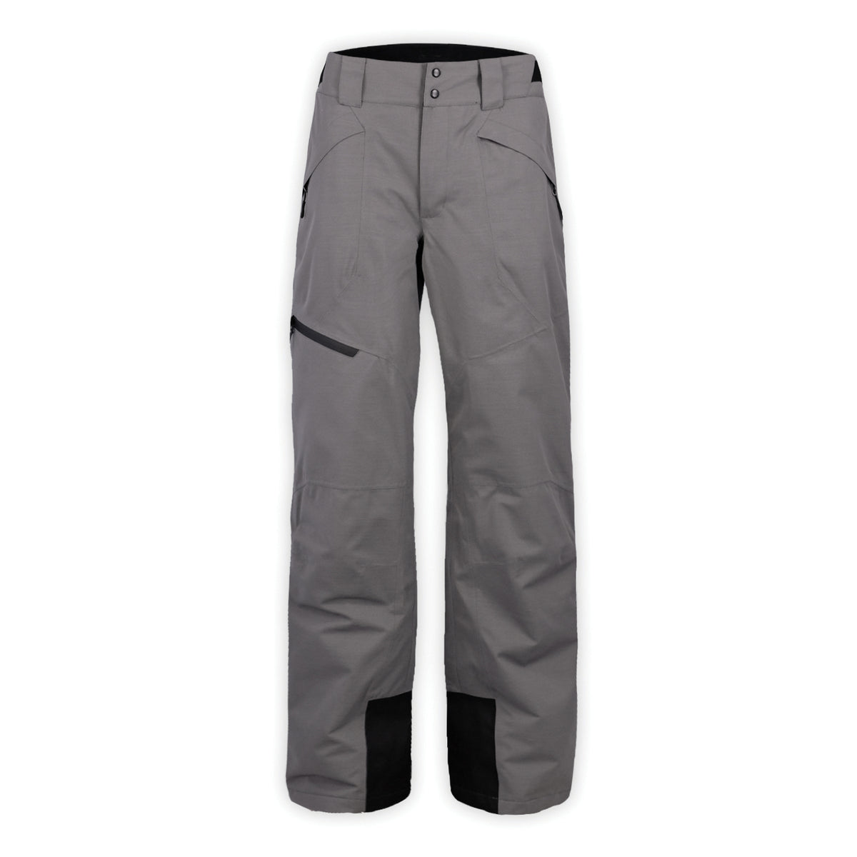 a pair of gray snow pants with black leg zipper on a white background