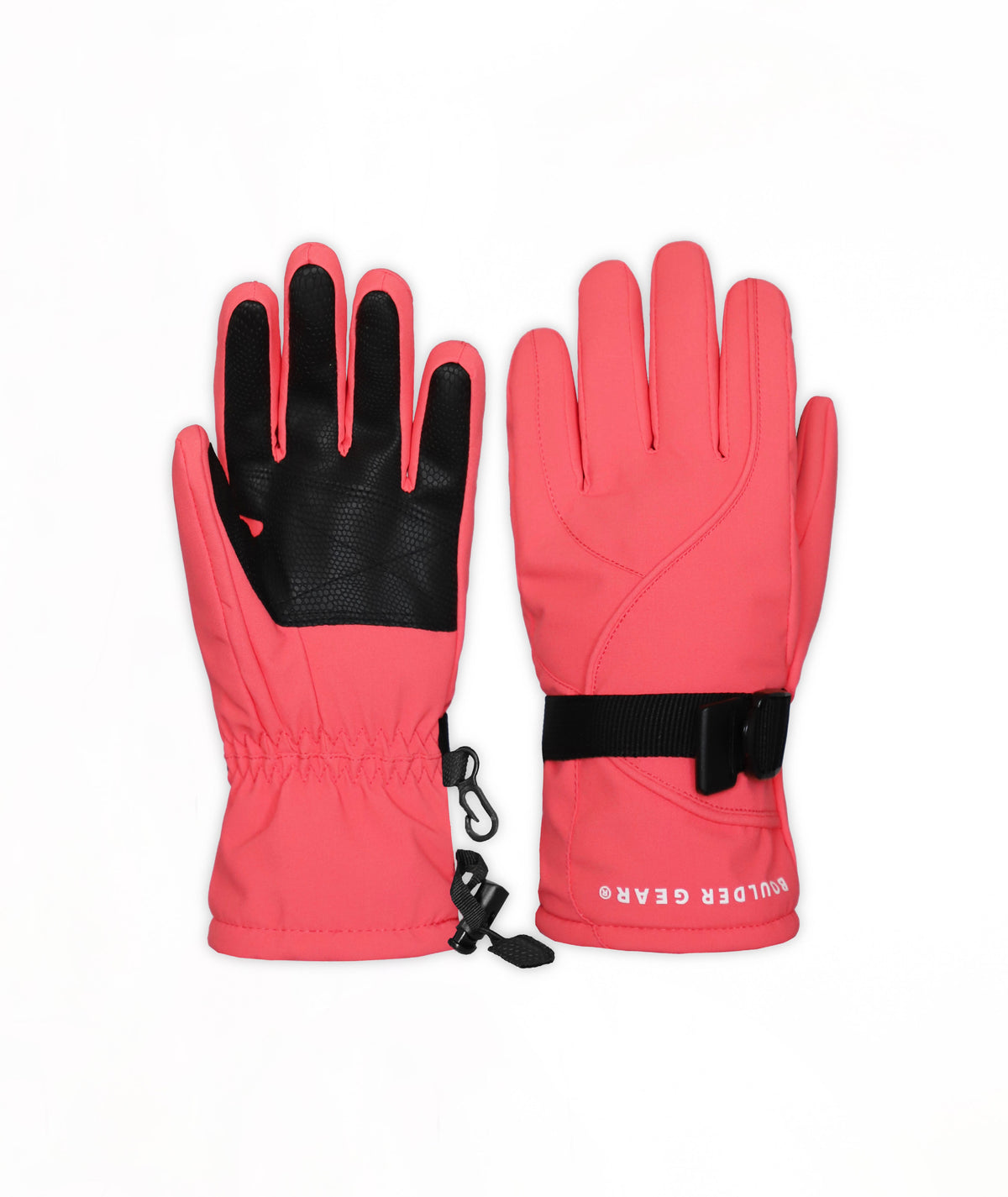 A pair of bright pink winter gloves with black palms and black wrist straps, shown against a plain white background.