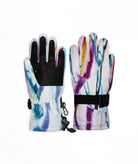 A pair of ski gloves with a white base featuring a vibrant multicolor abstract brushstroke pattern in purple, blue, and orange, with solid black palms and wrist straps.