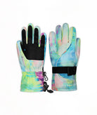 A pair of winter gloves with a pastel tie-dye pattern in blue, green, pink, and yellow, featuring solid black palms and wrists with adjustable black straps.