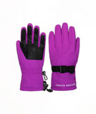 A pair of purple ski gloves with black palms and black wrist straps, shown against a plain white background. 
