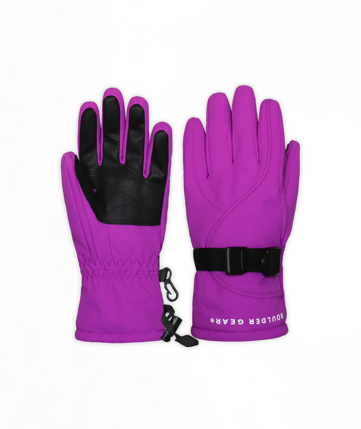 A pair of purple ski gloves with black palms and black wrist straps, shown against a plain white background. 