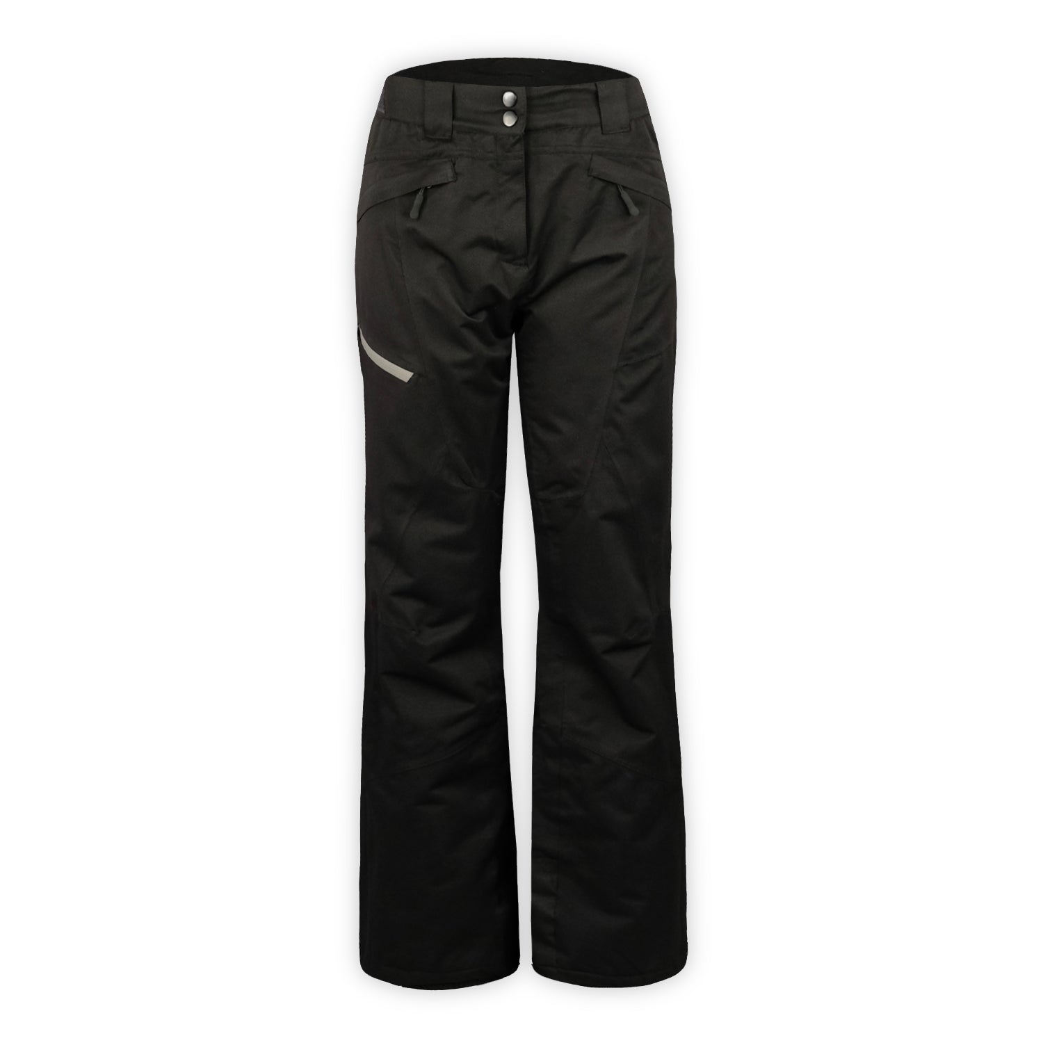 a pair of black snow pants with gray leg zipper on a white background