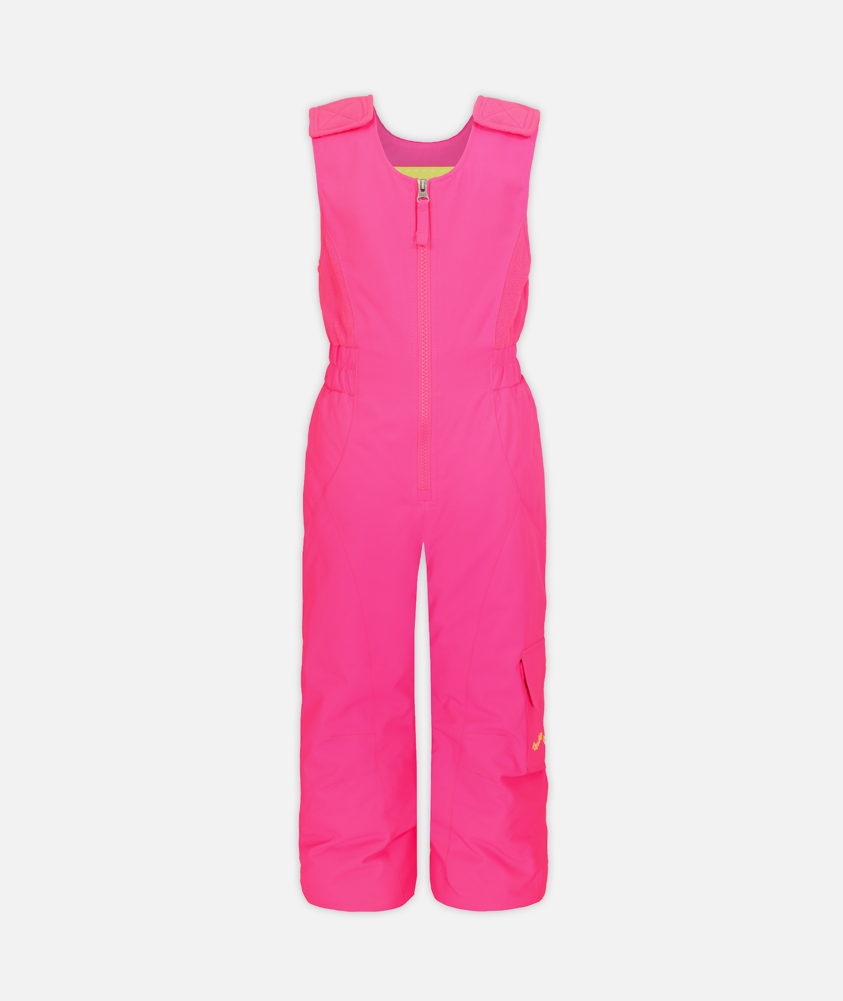 child sized pink snow bib on a white background