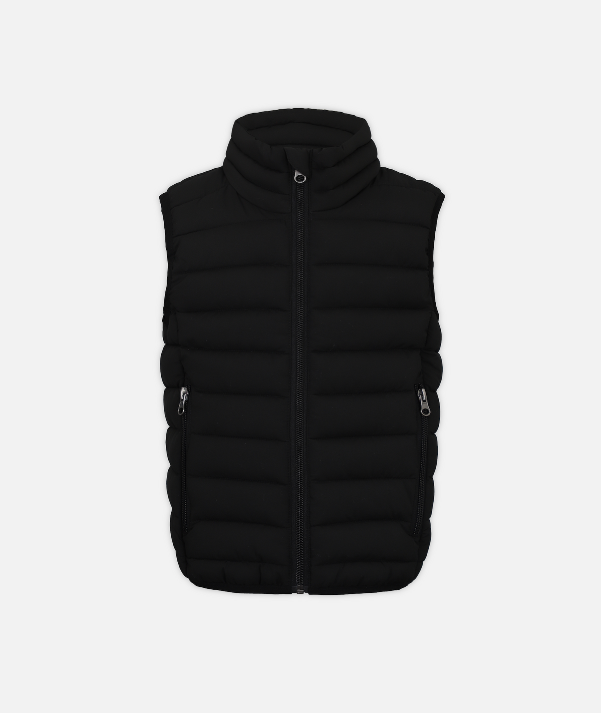 A kid's puffer vest in black on a white background 